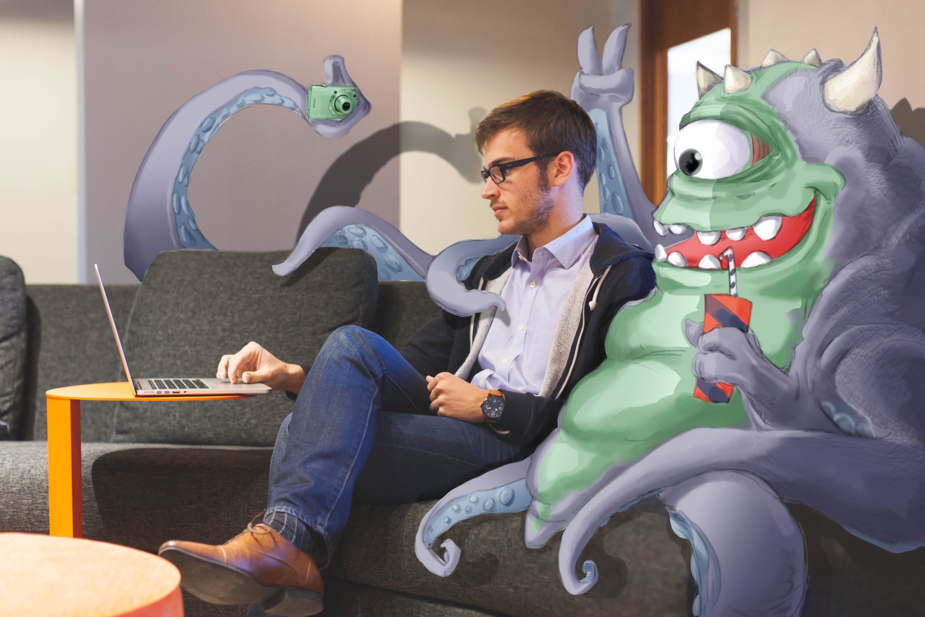 Image with man sitting on couch and imaginary creature sitting next to him.