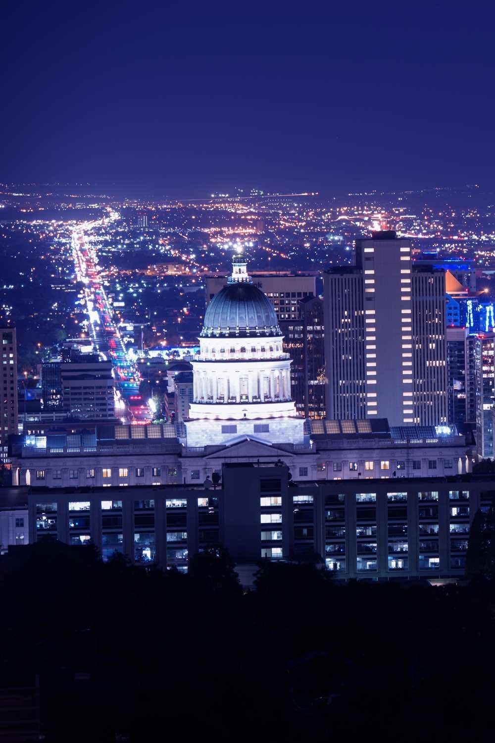 Image of Salt Lake City at night with the Capitol building.