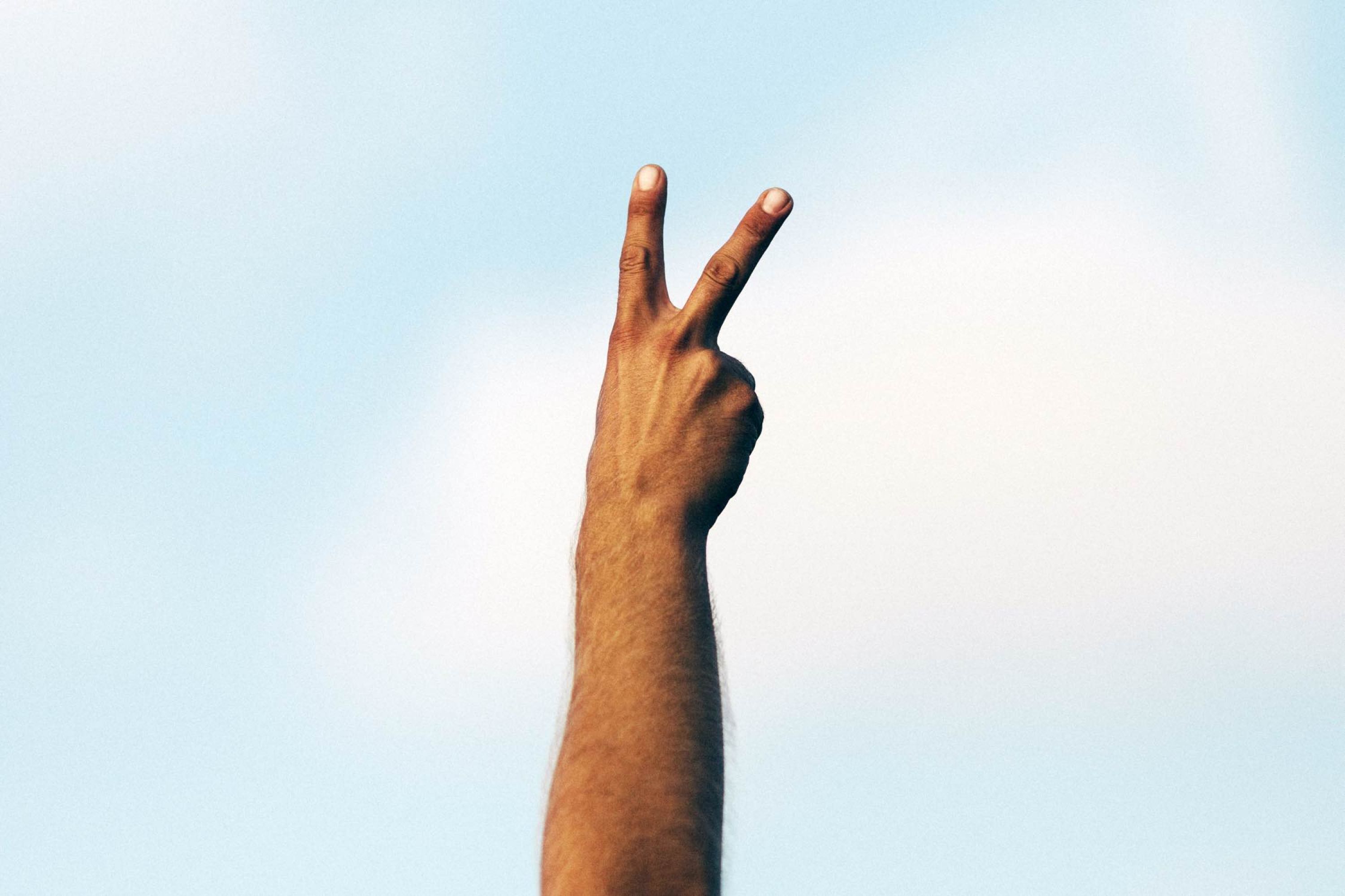 Image of an arm with fingers making a peace sign.