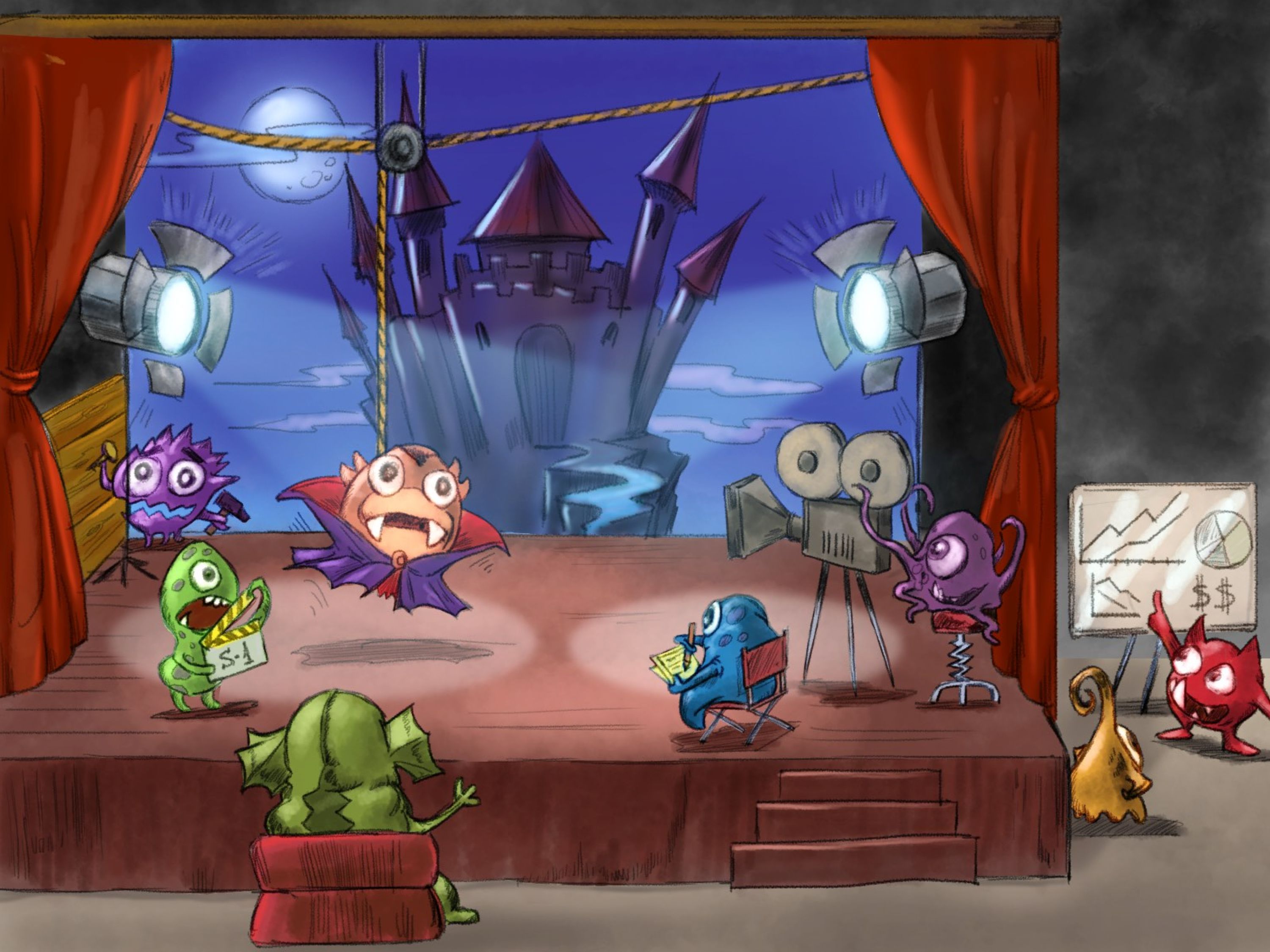 Graphic with multiple imaginary characters on a stage.