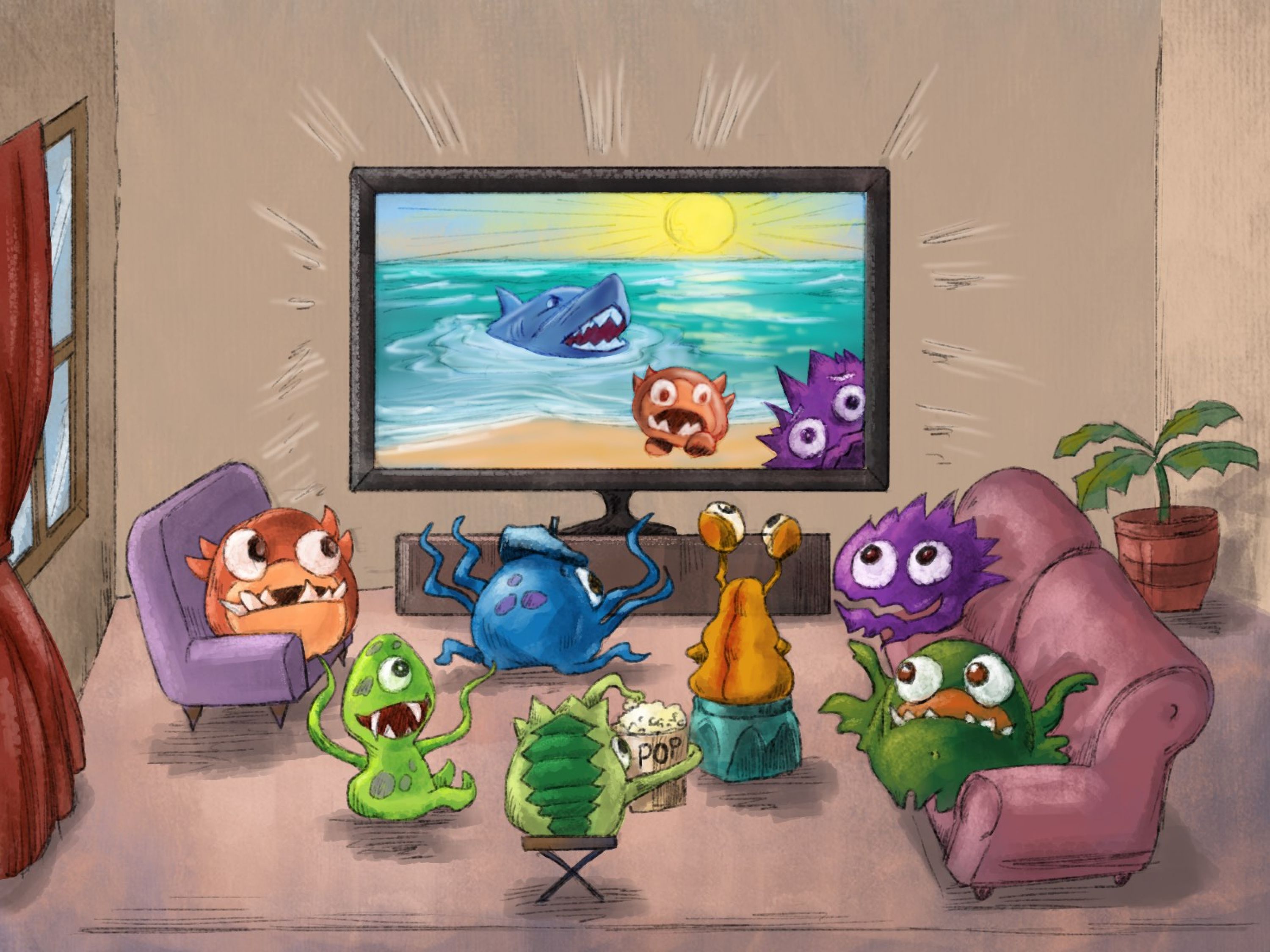 Graphic of imaginary creatures watching TV.