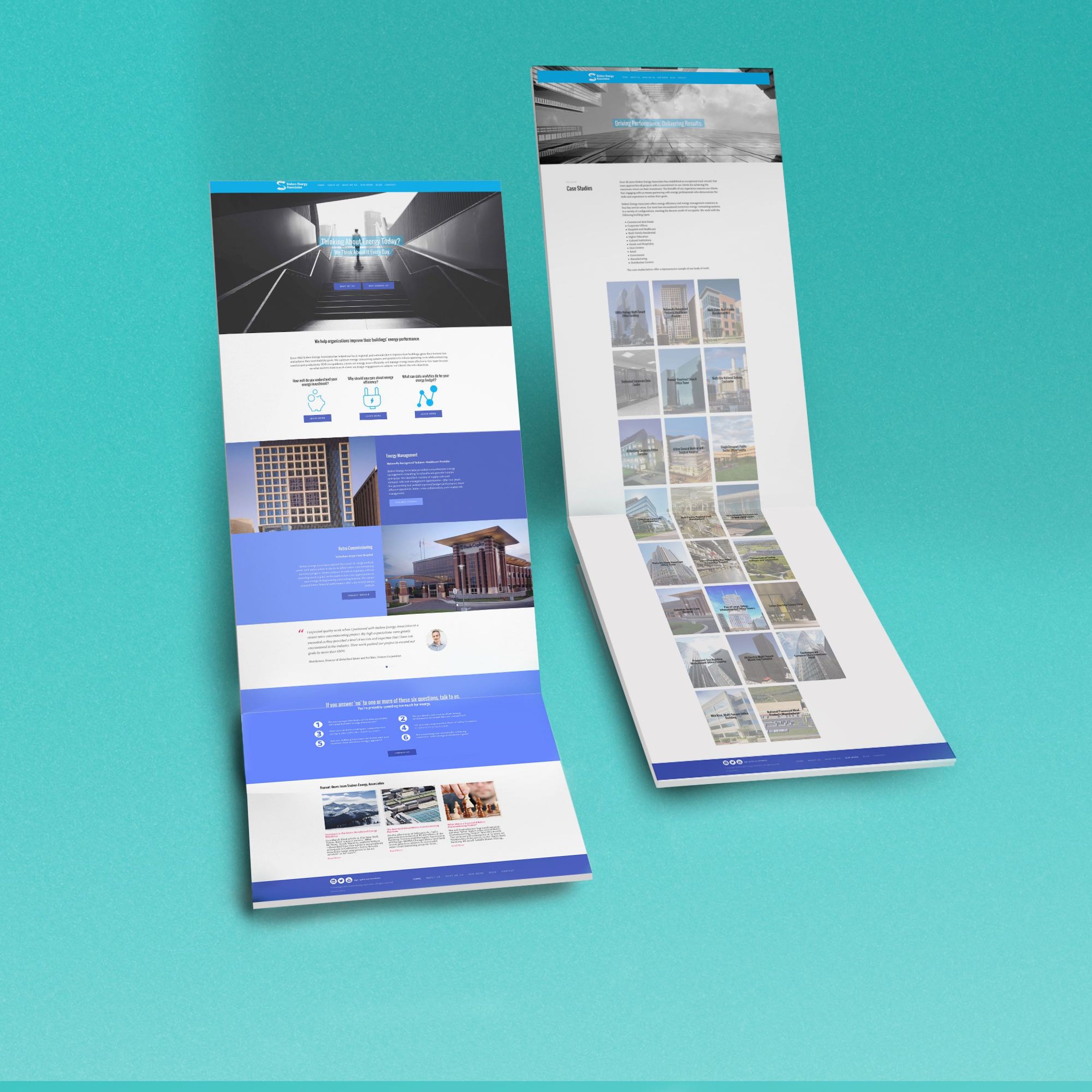 Two screenshots of webpages on a solid turquoise background.