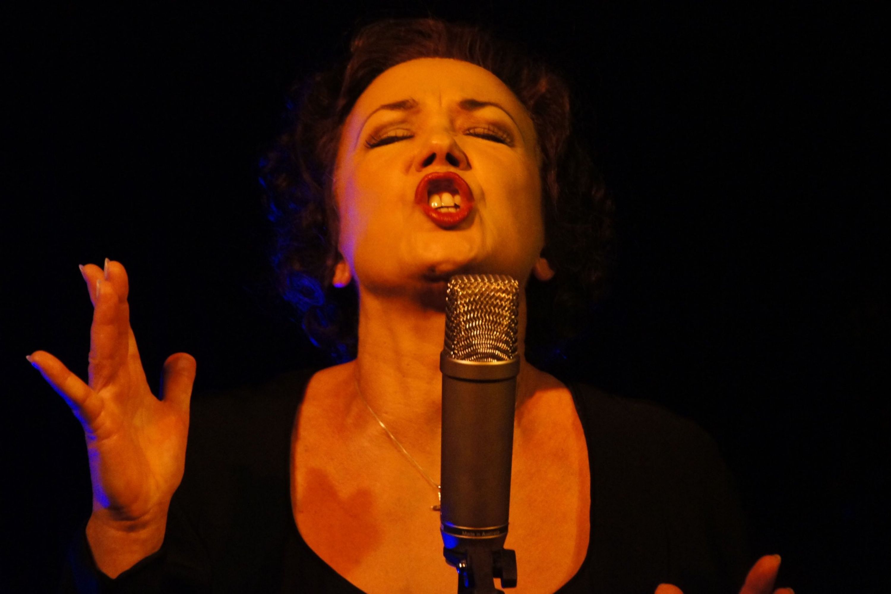 Woman singing at a microphone.