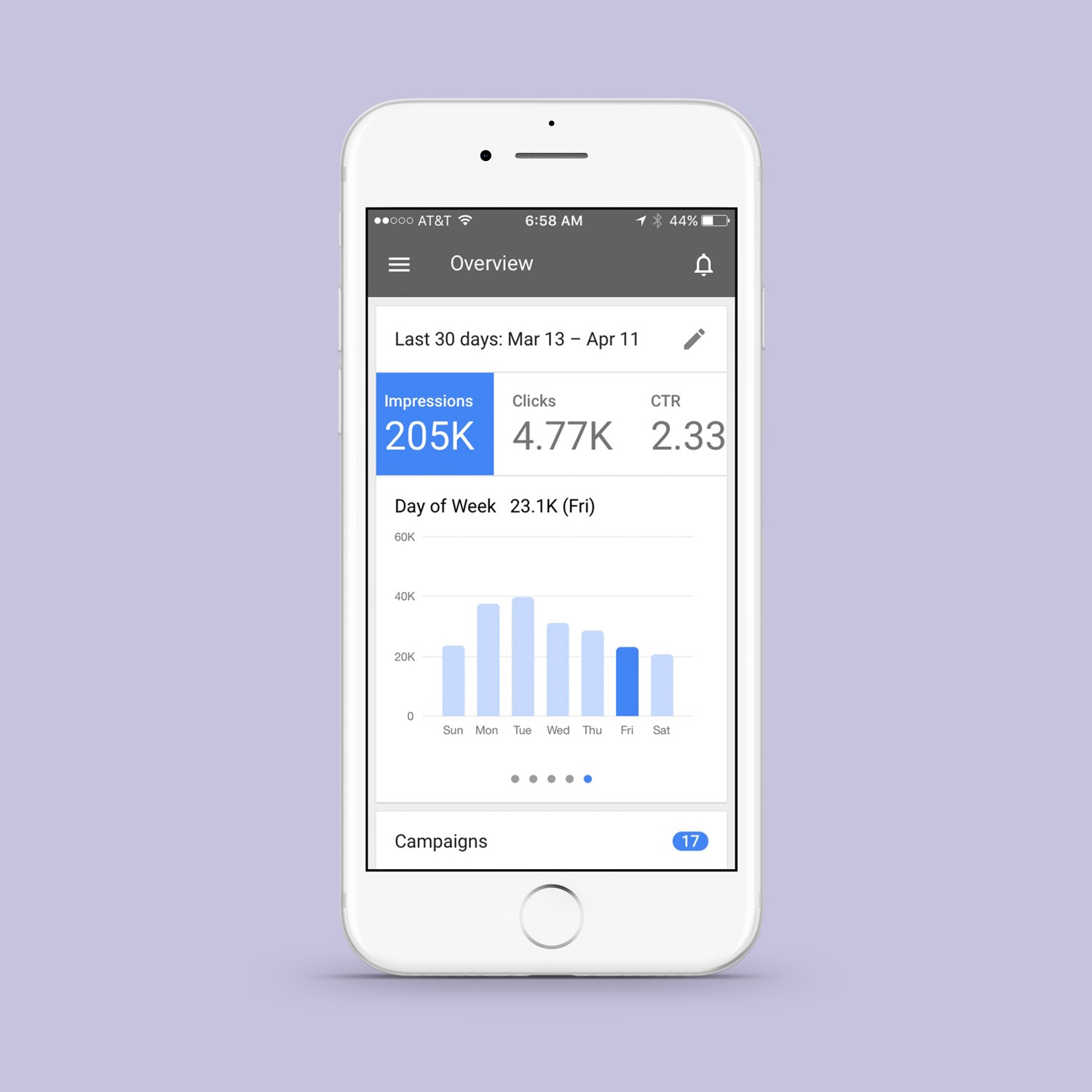 Lavender background with a screenshot of an iPhone showing data.