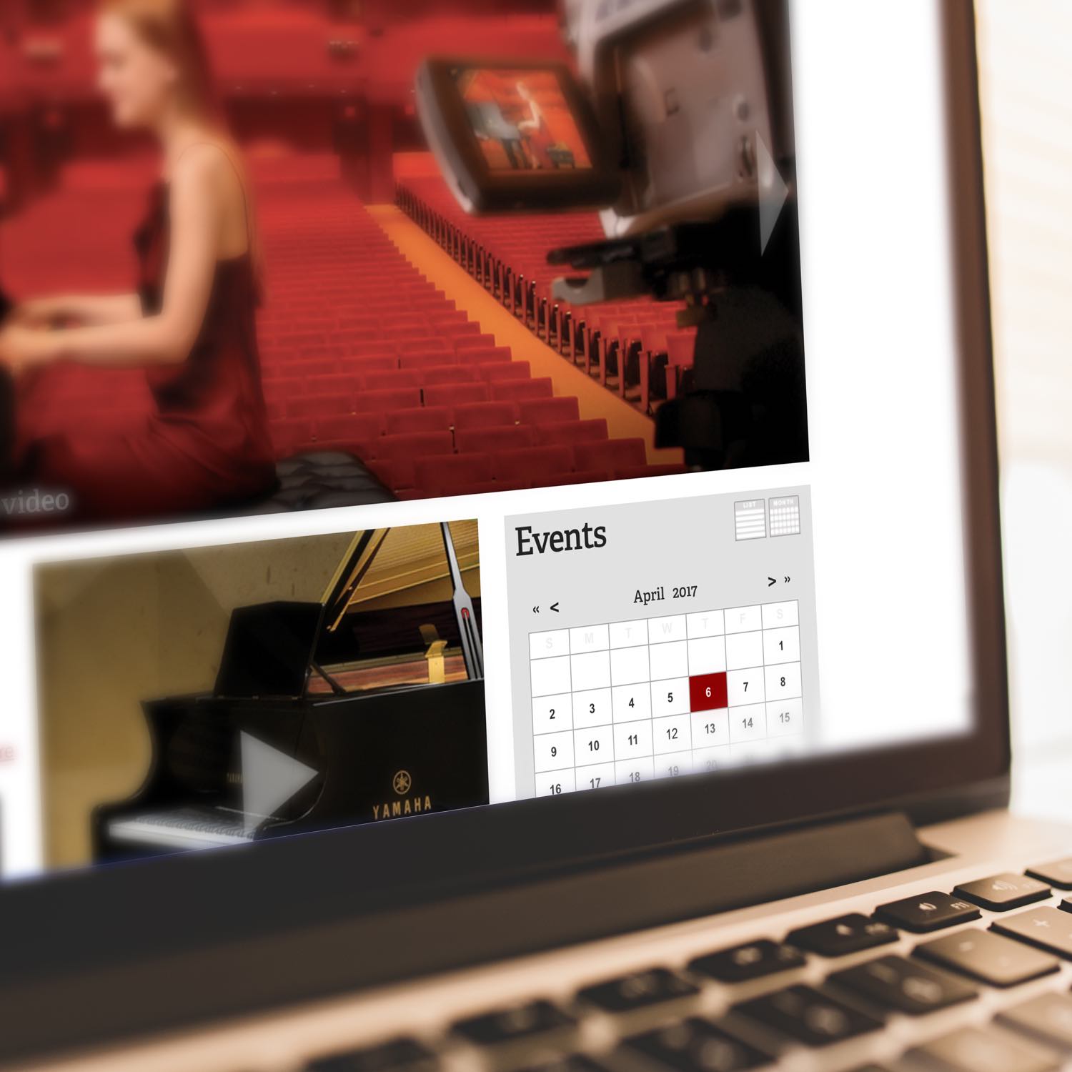 Blurred image of a woman playing the piano and being recorded with an events calendar below the image.