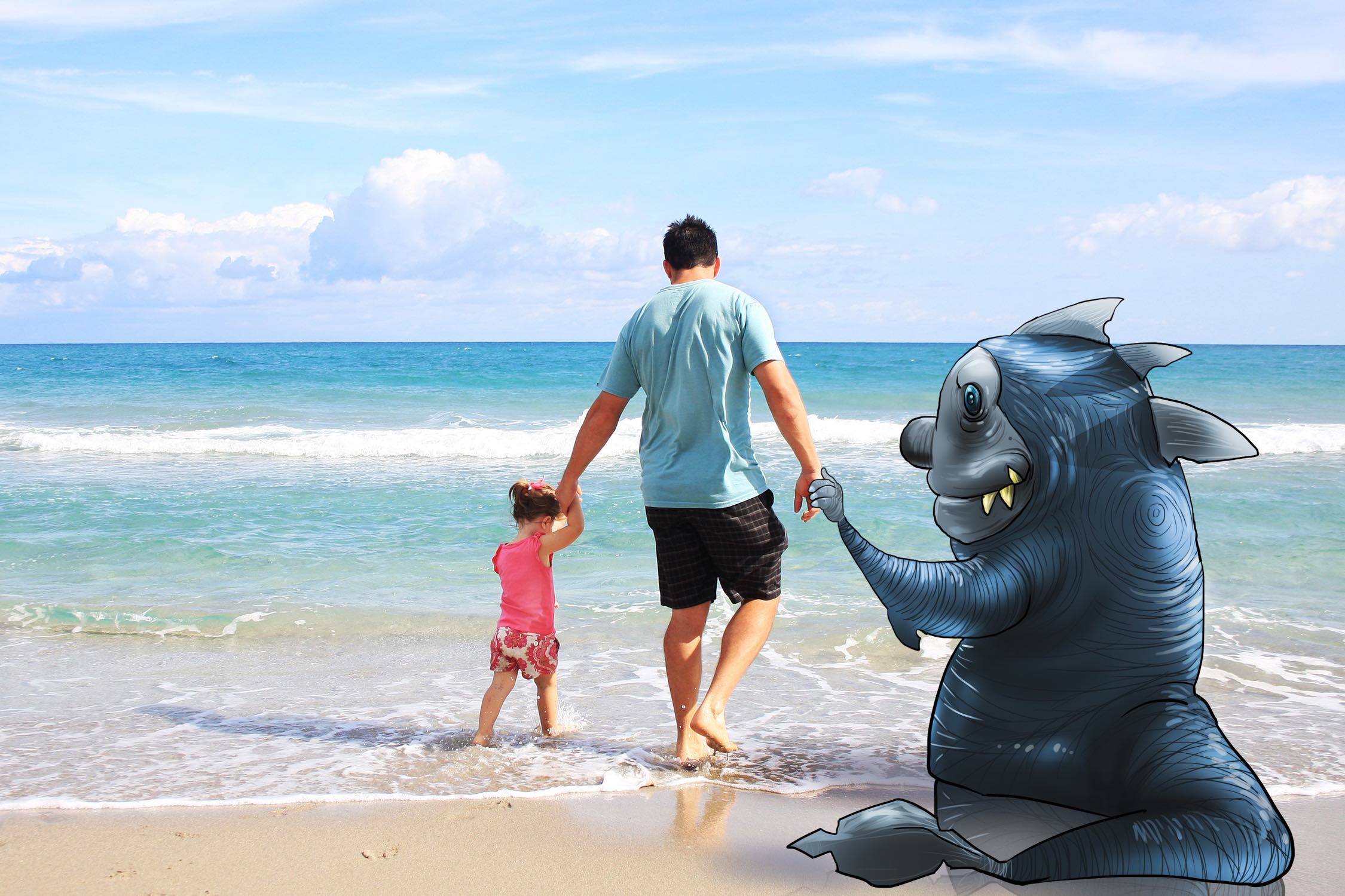 Image of Dad and child walking with imaginary creature.