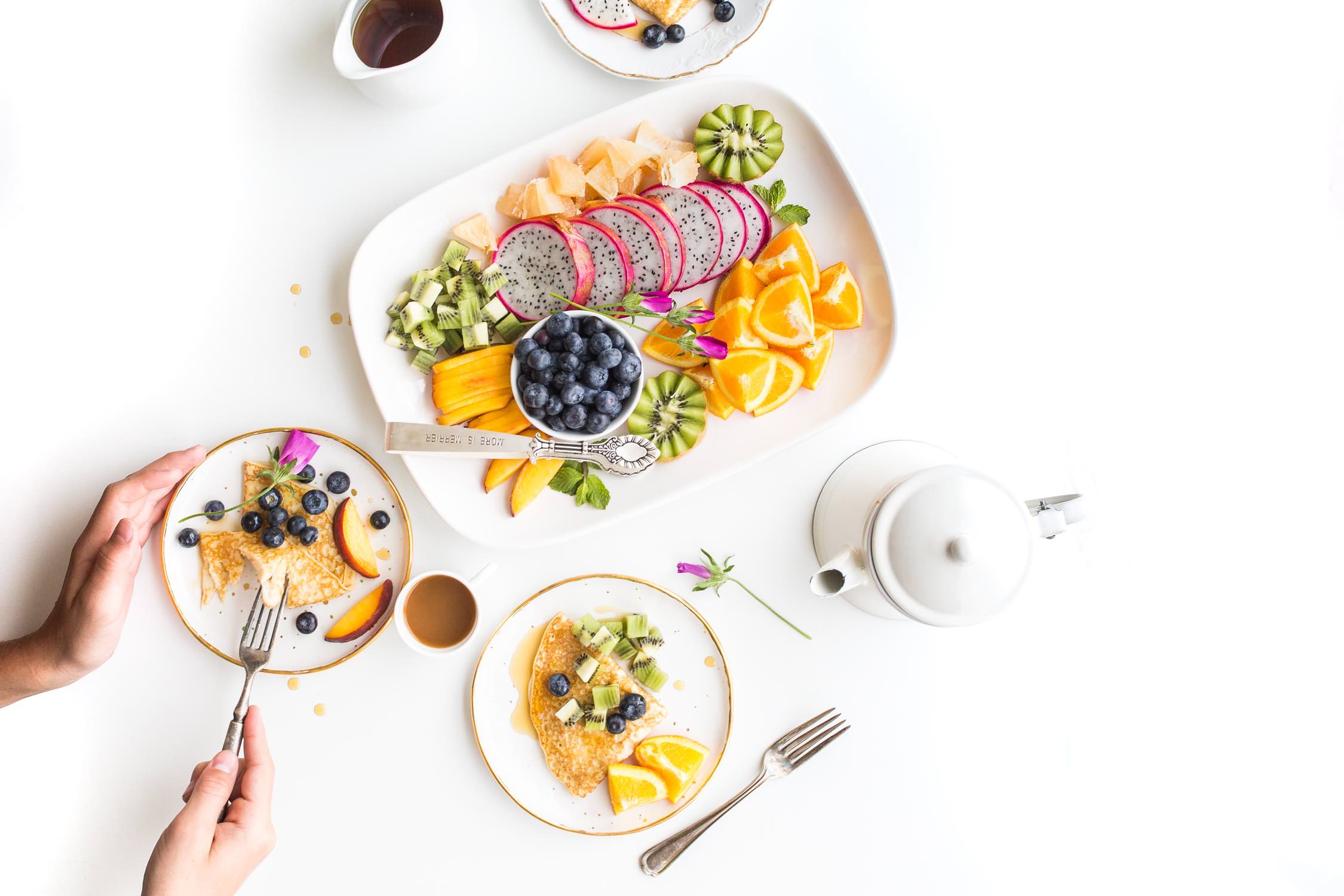 Image of plated fruits and berries with tea.