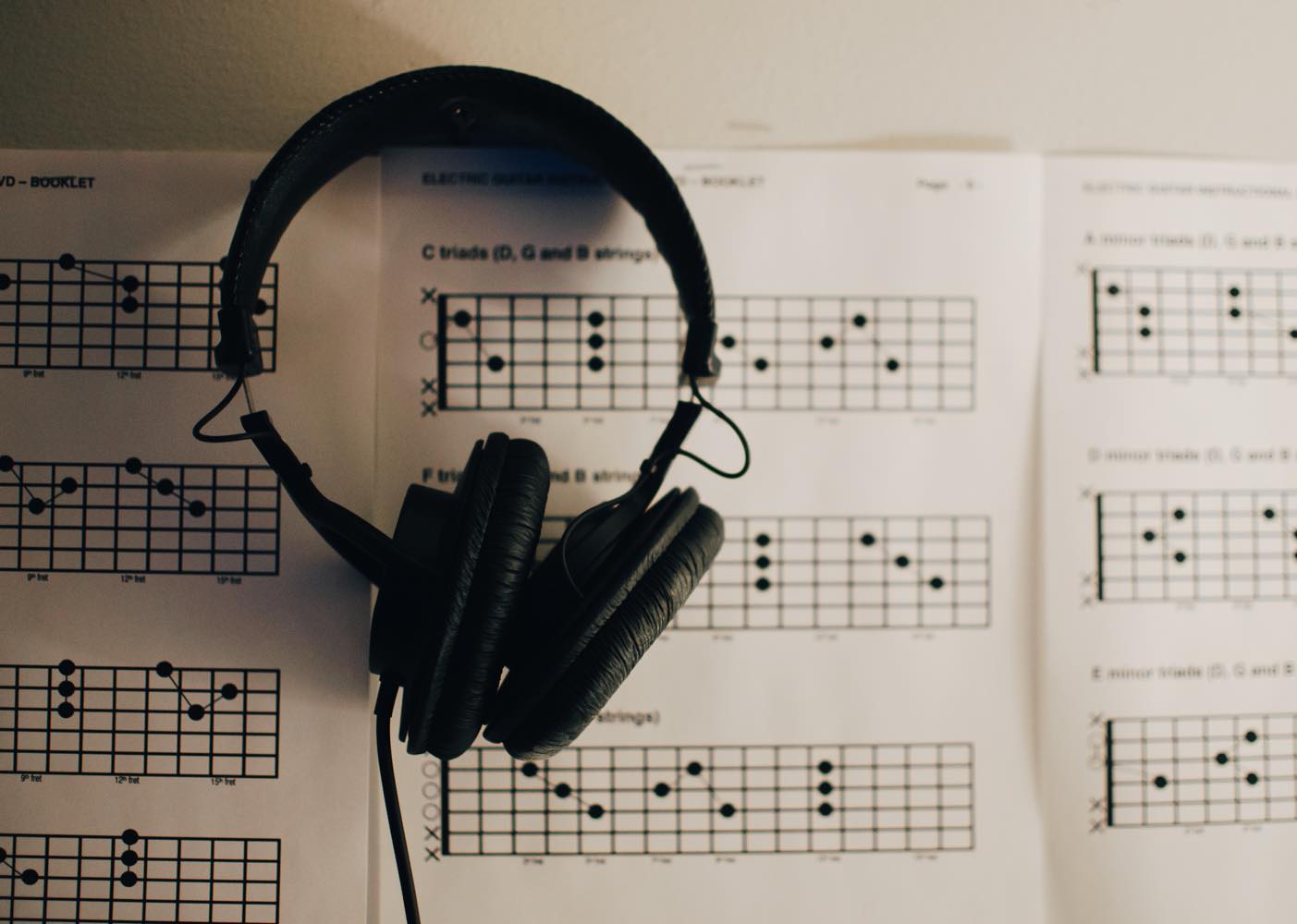 Image of headphones laying on musical sheets.