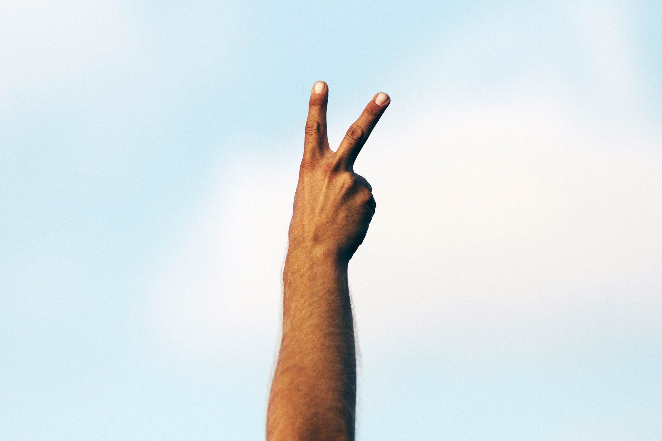 Image of an arm with fingers making a peace sign.